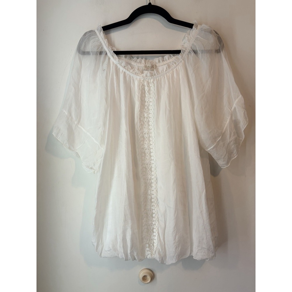Bellambra 100% Silk Peasant Blouse White Boho Made In Italy Large Romance